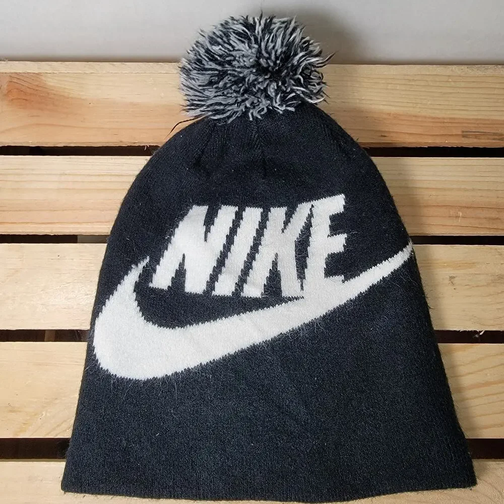 Nike Youth Black & White Knit Beanie w/ Pom